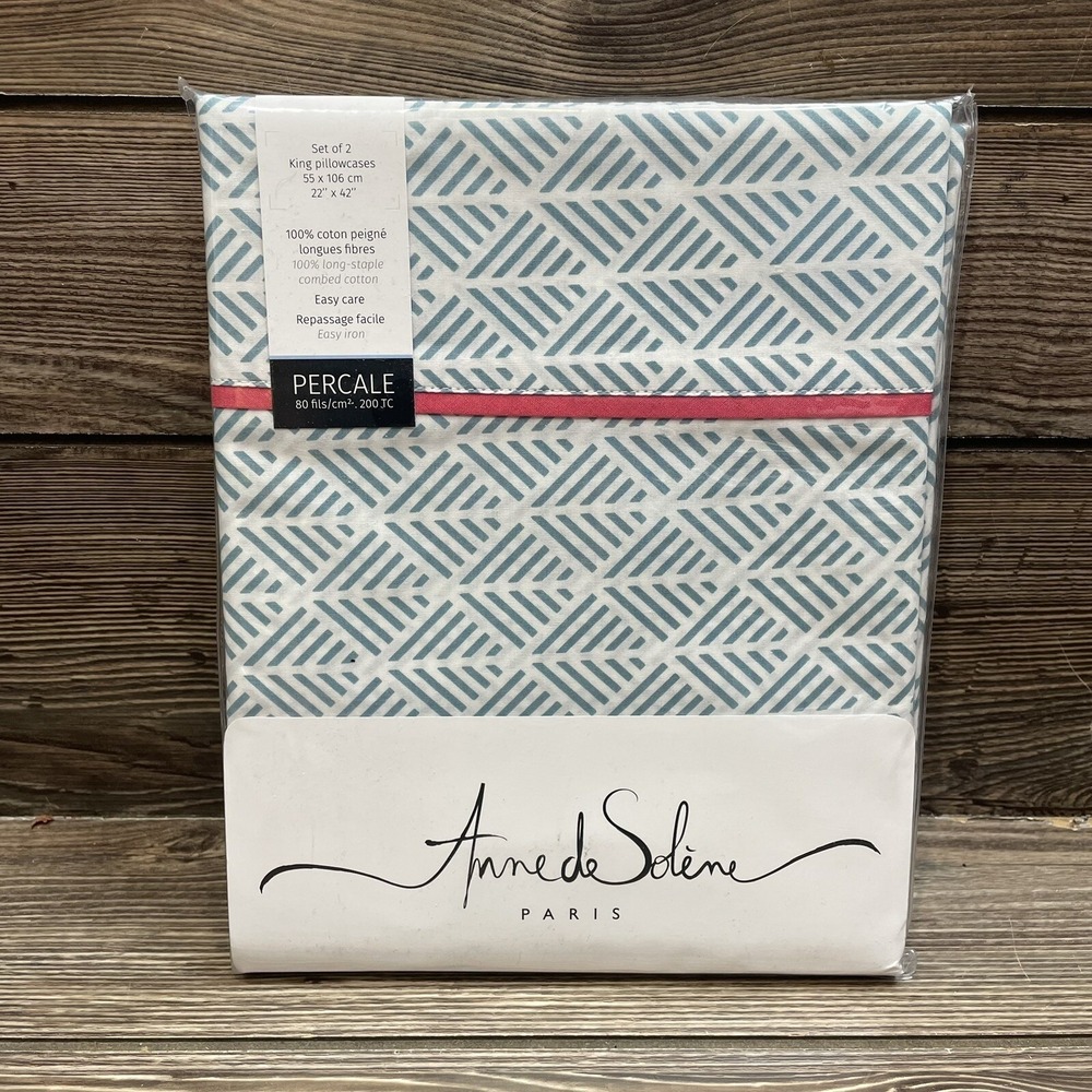 Anne de Solene King Set of 2 Pillowcases Blue White Madeleine Percale Cotton NEW
